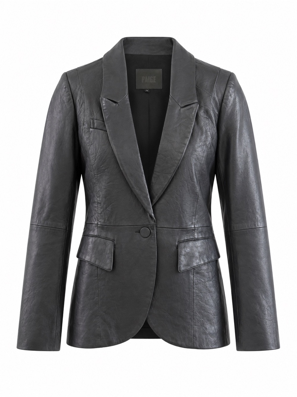 Paige Black Genuine Leather Blazer Jacket With Notch Lapel And Button Closure